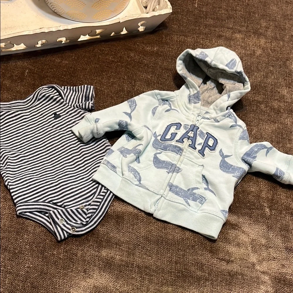 Baby GAP Blue Striped Onesie & Whale Print Cozy Hoodie- Size 0-3 Months